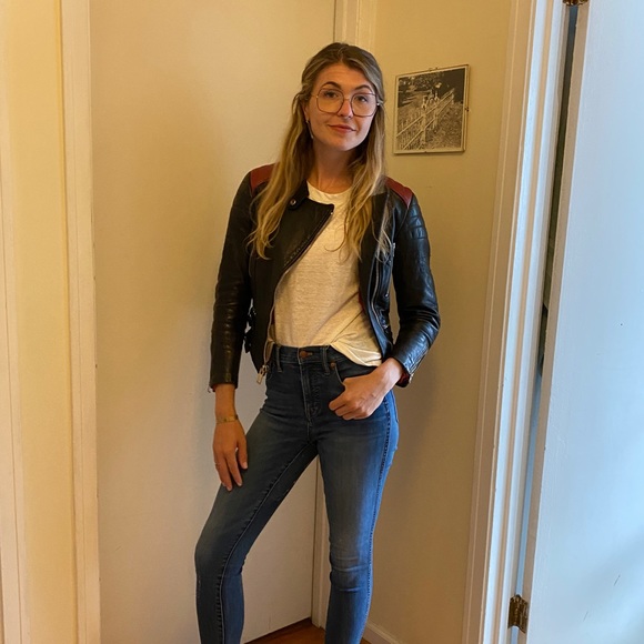 XS Leather Motorcycle Jacket w/ Red Shoulders - Picture 2 of 6